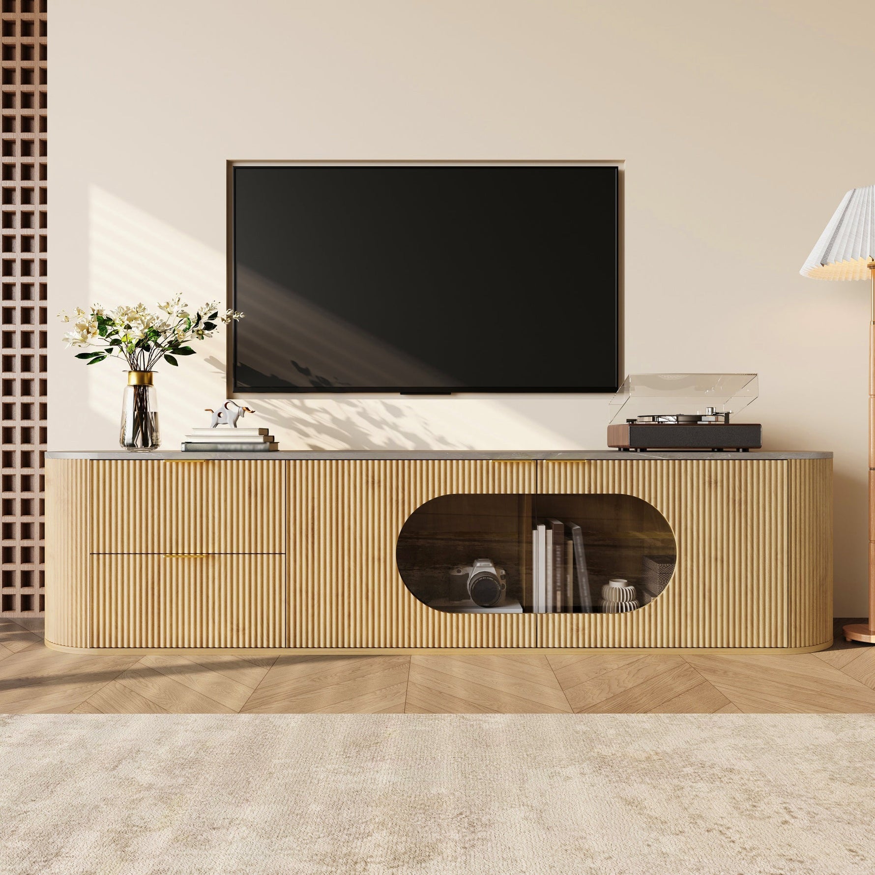 Modern Minimalist TV Cabinet with 3D Stripes and Glass Display, Wood Look and Grey Glass