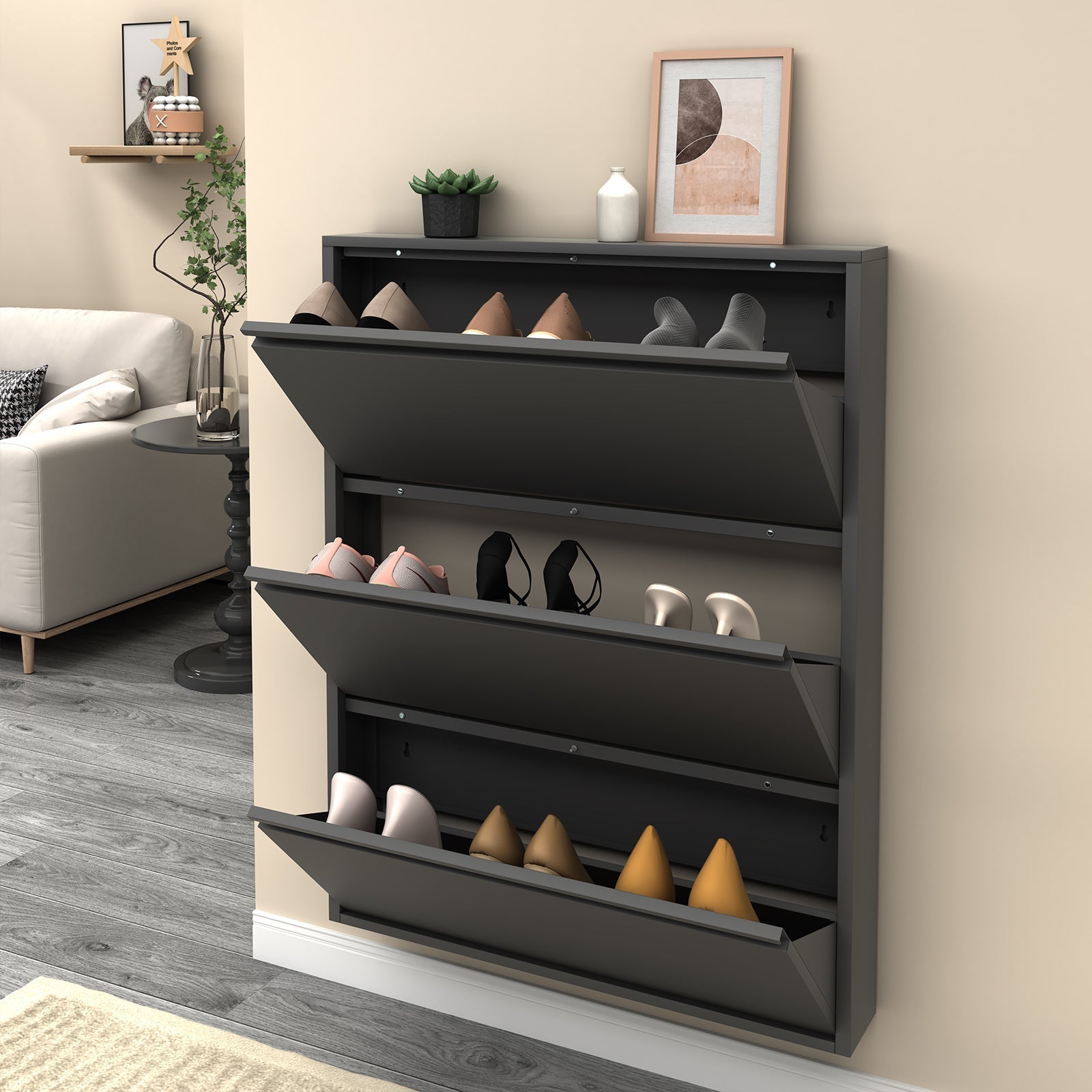 Metal Shoe Cabinet with 3 Flip Drawers and Wall Mount for Entryway, Black Metal