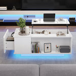 Coffee Table, Height-adjustable with Hidden Storage, LED Light & Drawer, White