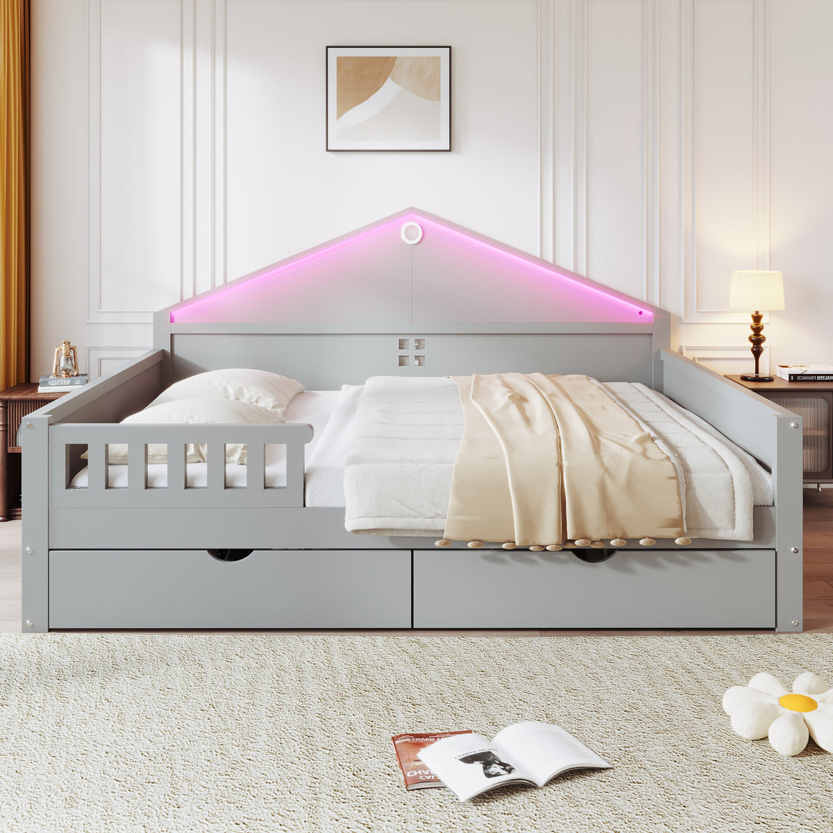 Children's Bed 140x200cm with Light Strip & Drawers, Grey