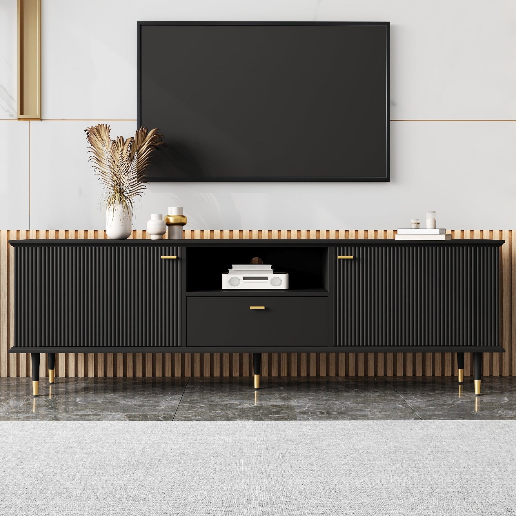 TV Cabinet with Open Compartments, Drawers and Soft-Close Hinges, Lacquered Textured Surface