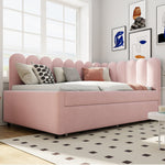 L-shaped Upholstered Bed, Sofa Bed 140x200cm with Pull-Out Bed, Pink Velvet
