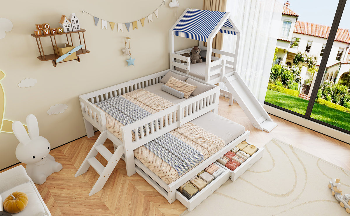 House Bunk Bed with Slide, Trundle & Drawers, White Solid Wood