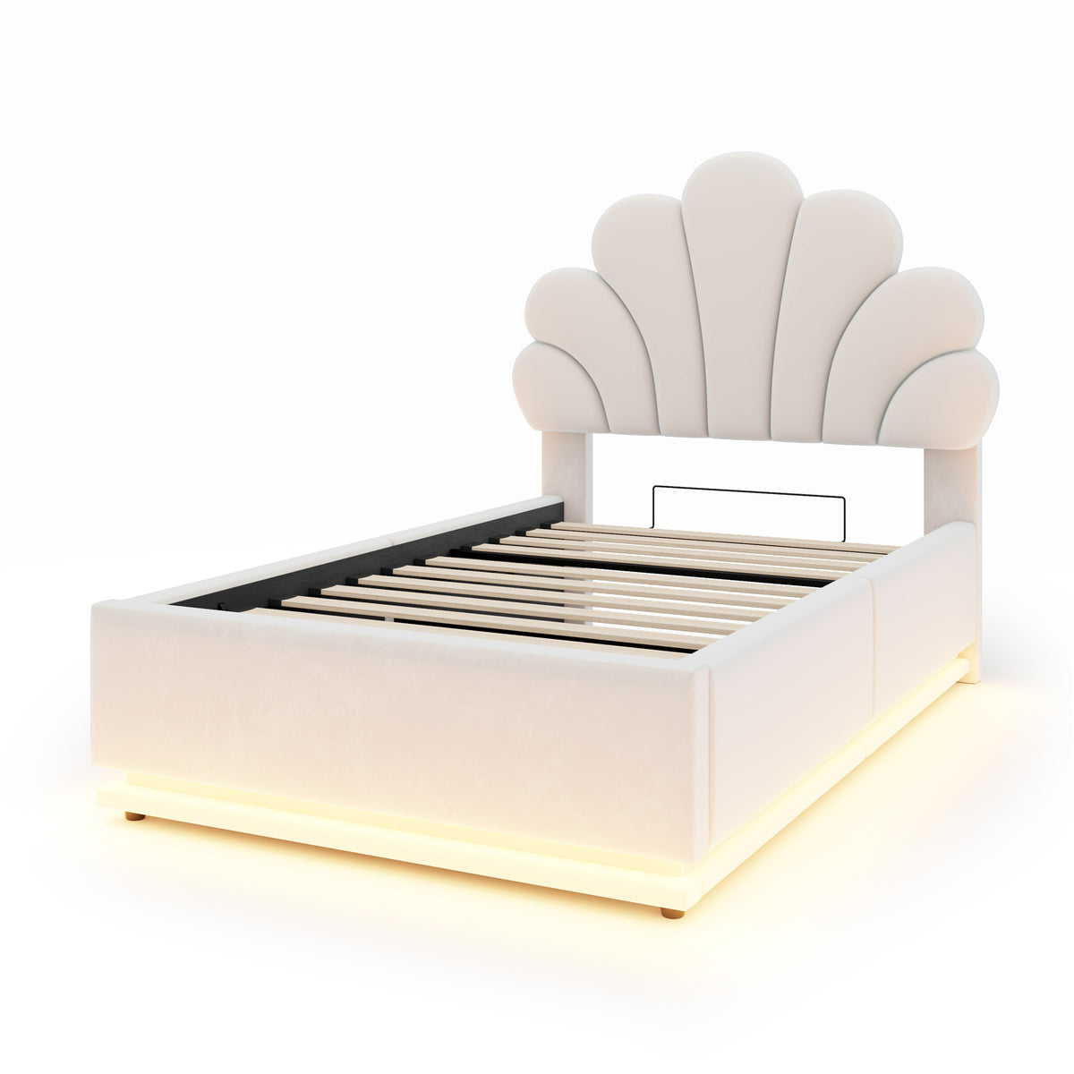 Upholstered Bed 90x200cm, Flower Headboard & Storage, Beige Velvet