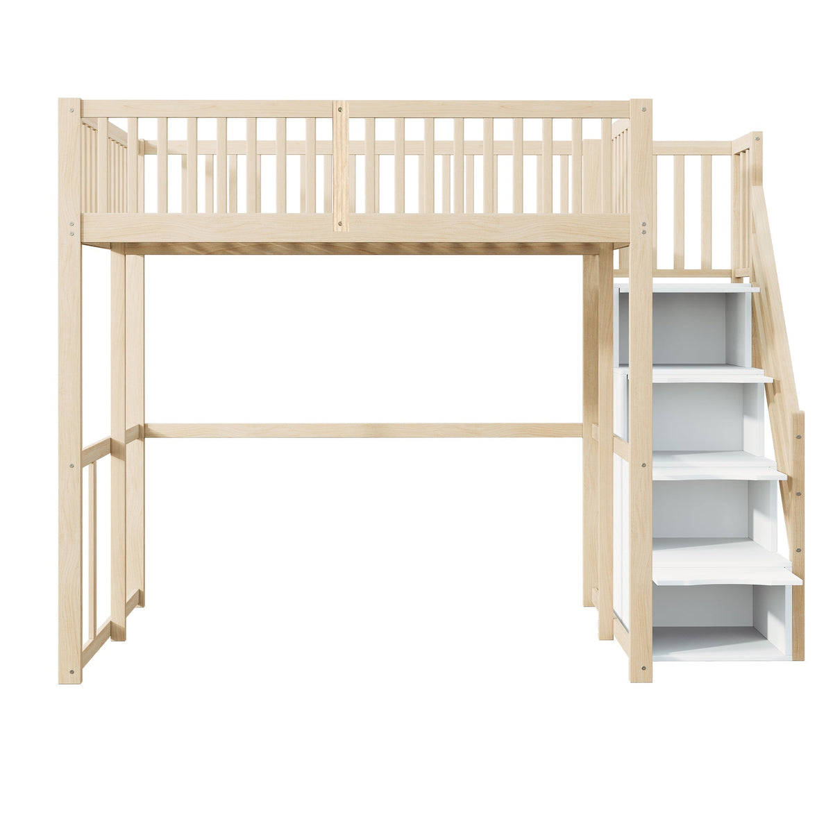 Loft Bed 140x200cm with Safety Ladder Railing & Storage Solid Pine Wood Color