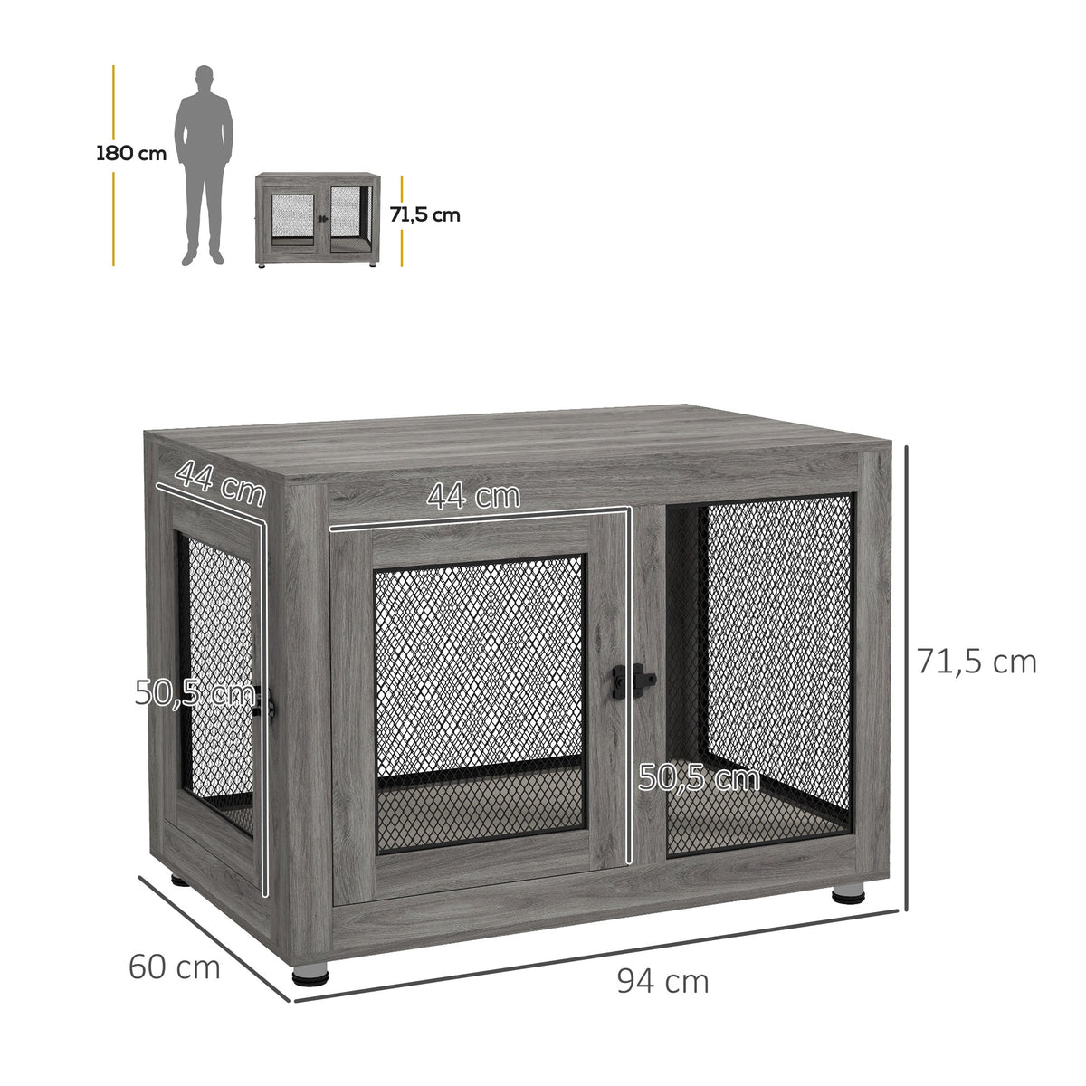Dog Cage, 2 Doors, Washable Cushion, Adjustable Feet, Grey
