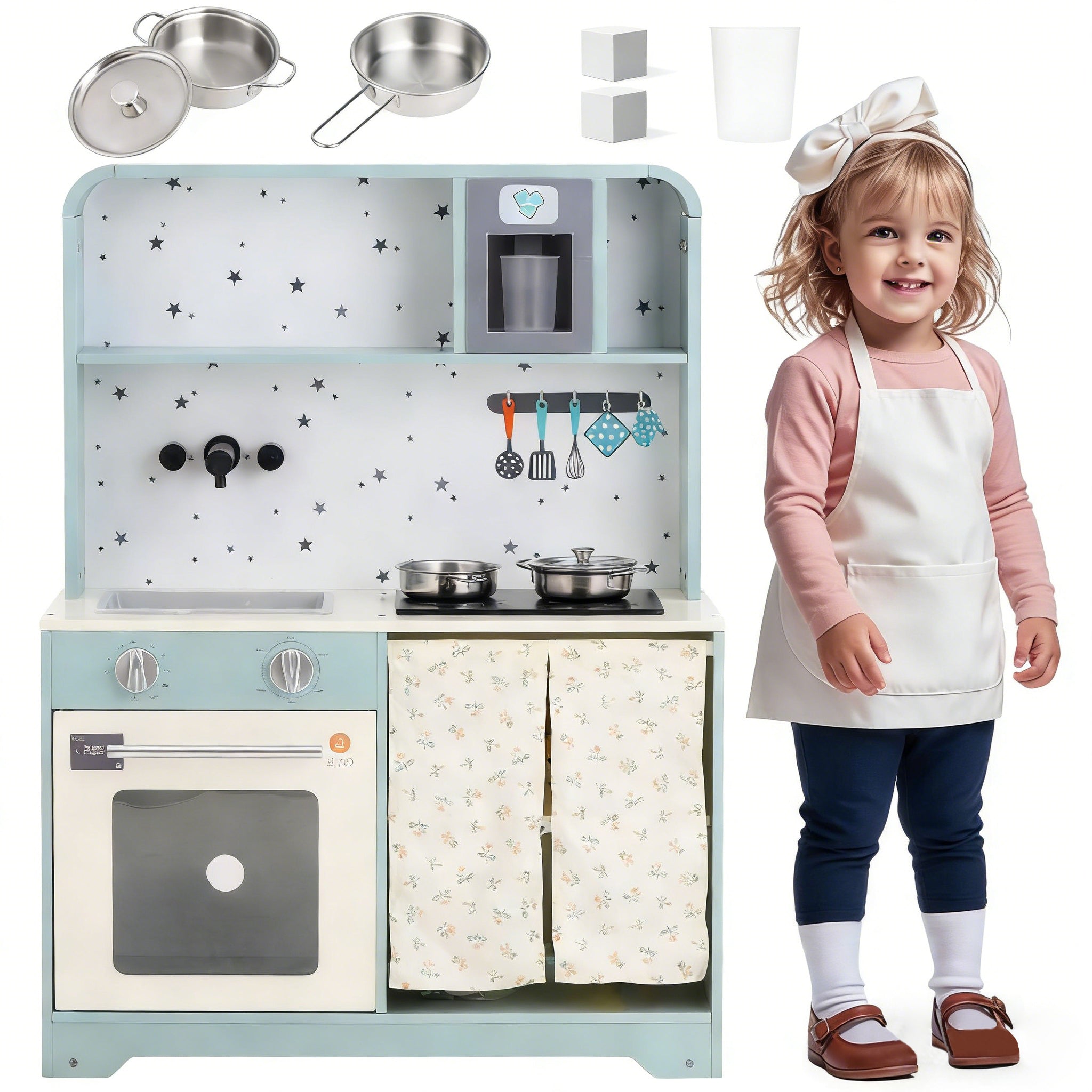 Children's Play Kitchen with Ice Maker and Microwave, Wood and Plastic, Blue