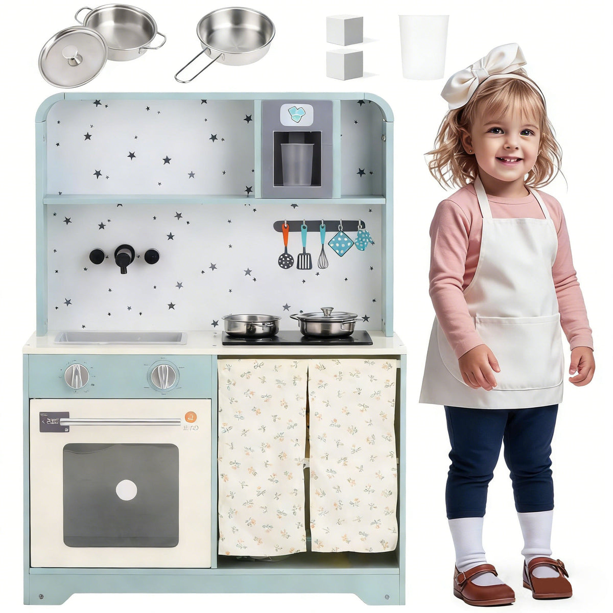 Children's Play Kitchen with Ice Maker and Microwave, Wood and Plastic, Blue
