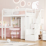 Loft Bed with Wardrobe, Shelf, Table & Storage Stairs, Wooden, White