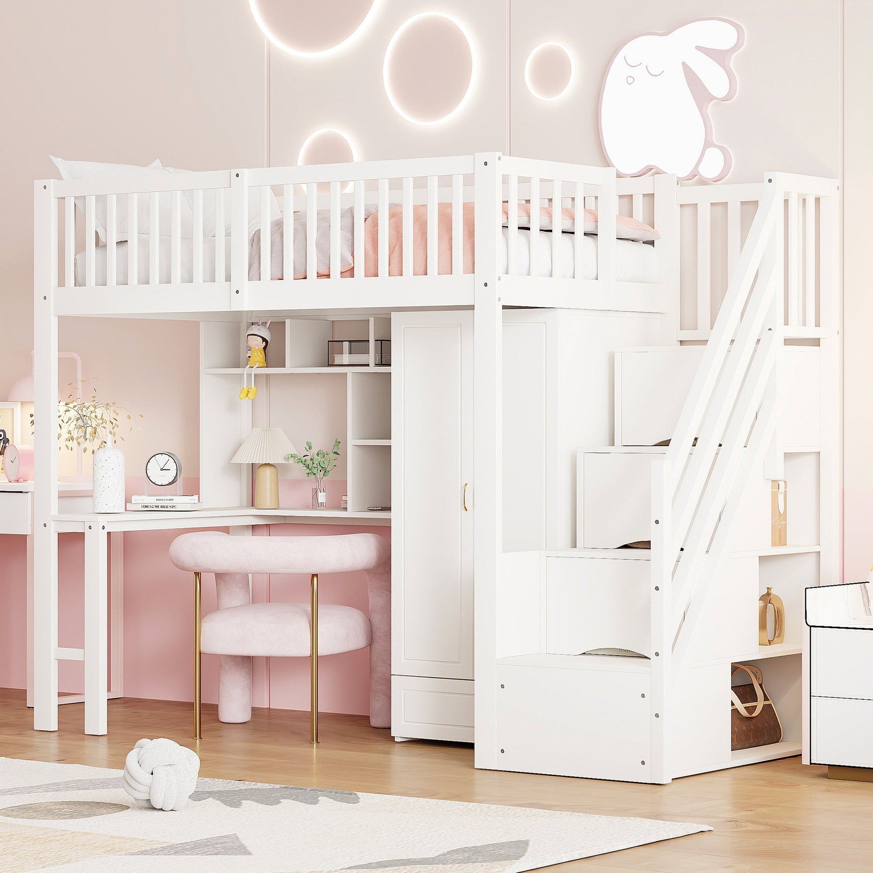 Loft Bed with Wardrobe, Shelf, Table & Storage Stairs, Wooden, White