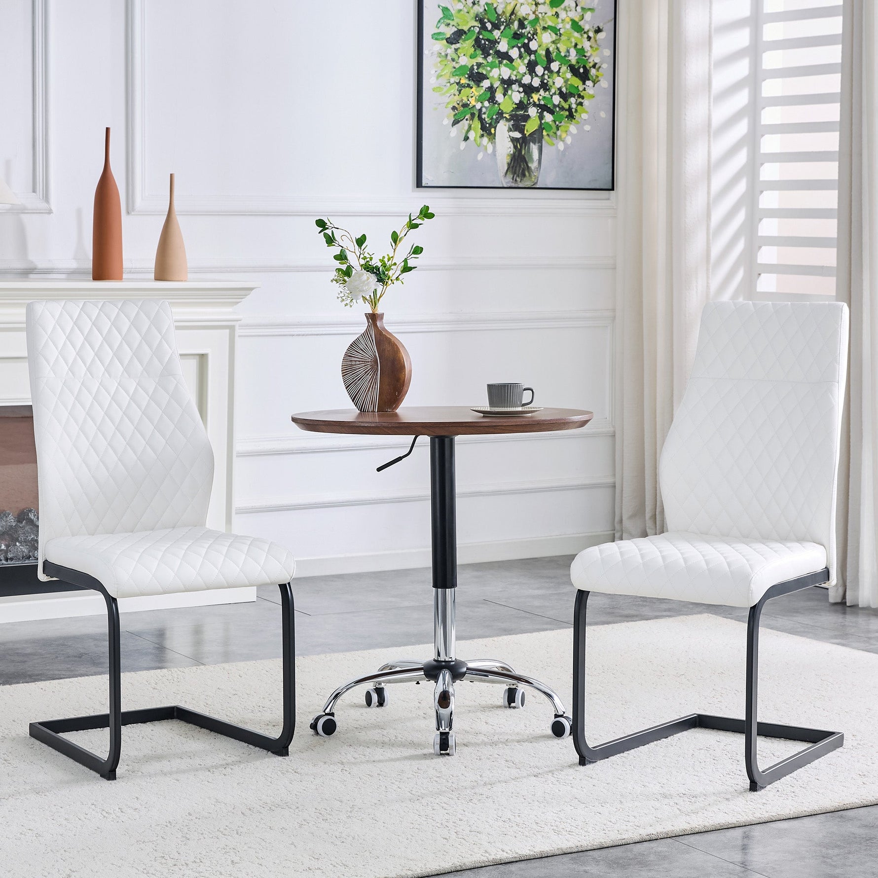 Dining Chairs Set of 2 with High Backrest and Diamond Pattern, White PU Leather and Metal