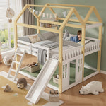 Children's House Loft Bed 90x200cm with Slide, White & Natural Wood