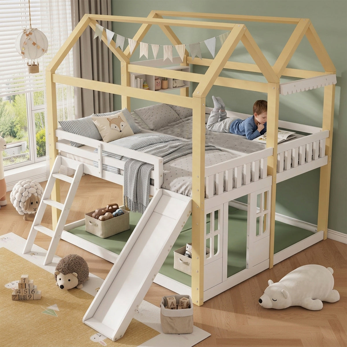 Children's House Loft Bed 90x200cm with Slide, White & Natural Wood