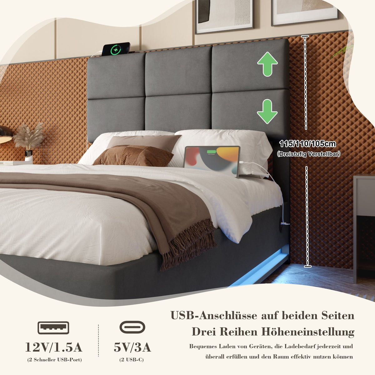 Modern Upholstered Bed 90x200cm, Adjustable Headboard, USB/LED, Hydraulic Storage - Gray Velour