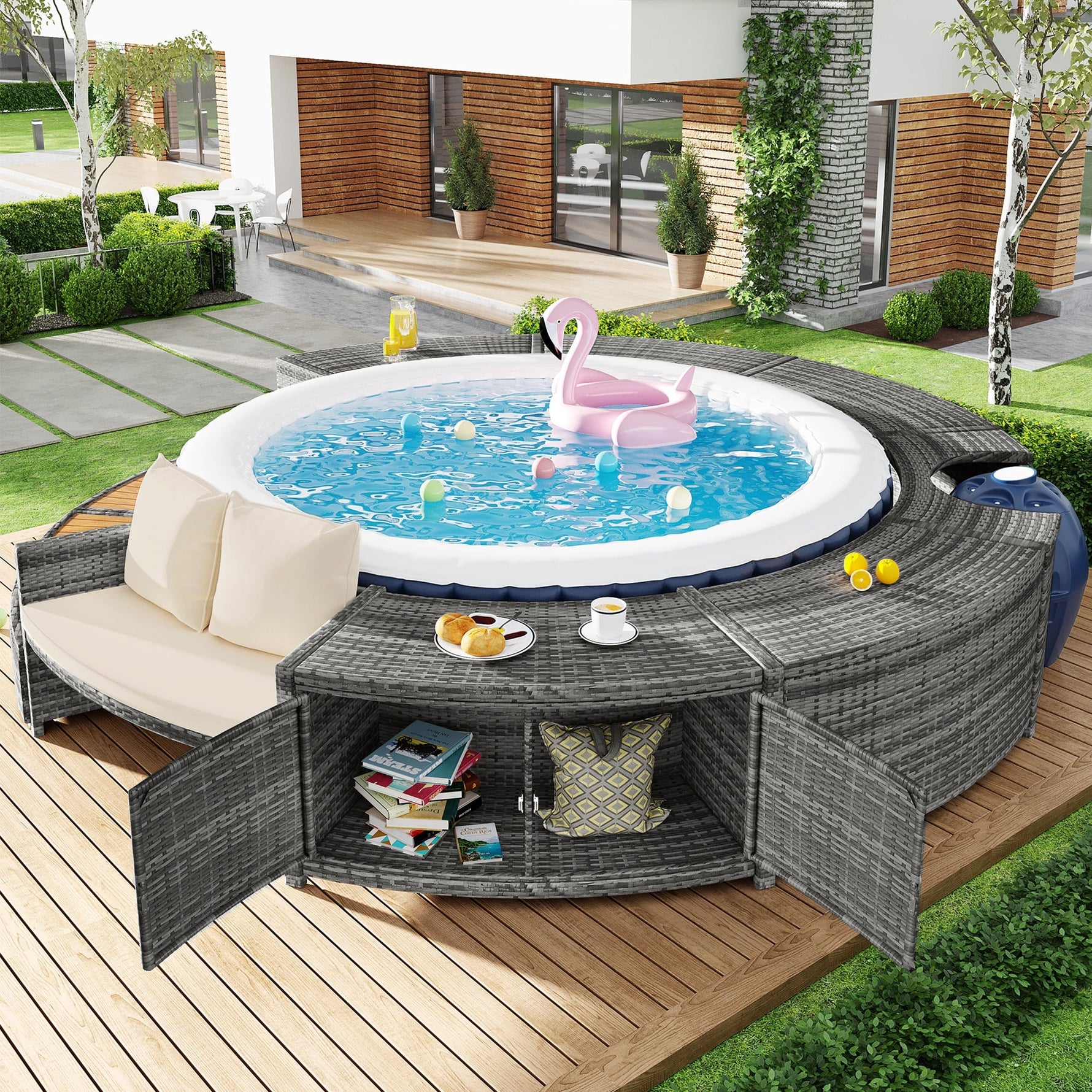 Garden Lounge Set Round Sofa Adjustable Feet Cushions