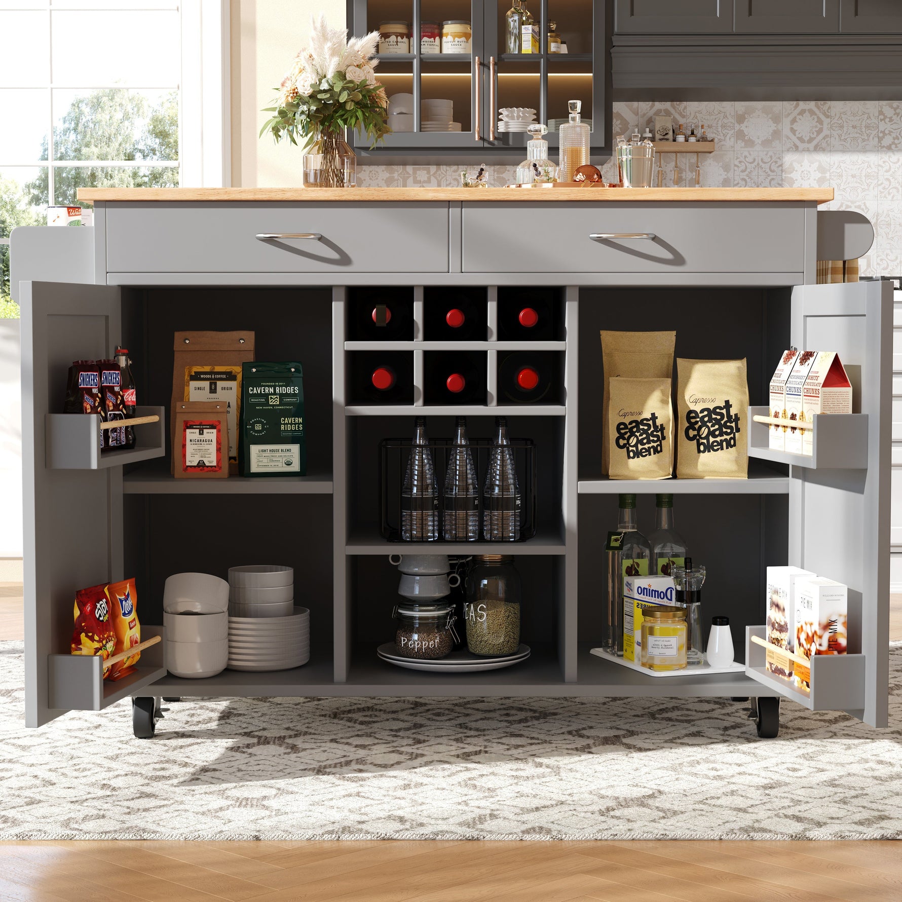 Kitchen Island Multifunctional Dining Table Storage Wood Grain - Grey