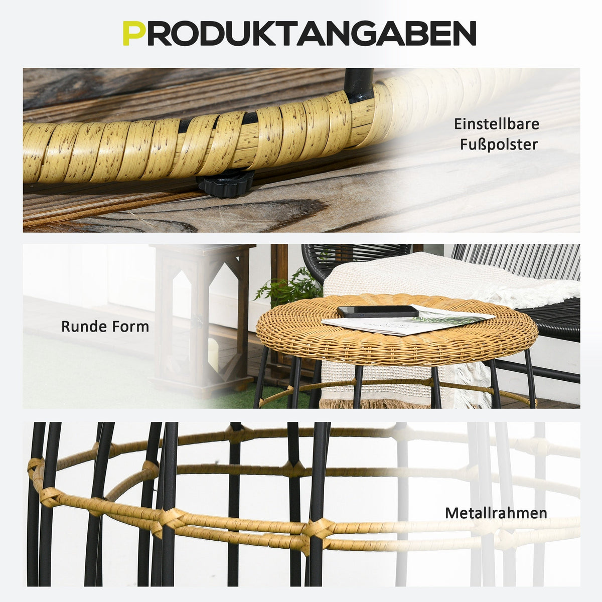 Rattan Side Table Set of 2 Stackable Coffee Table, Khaki