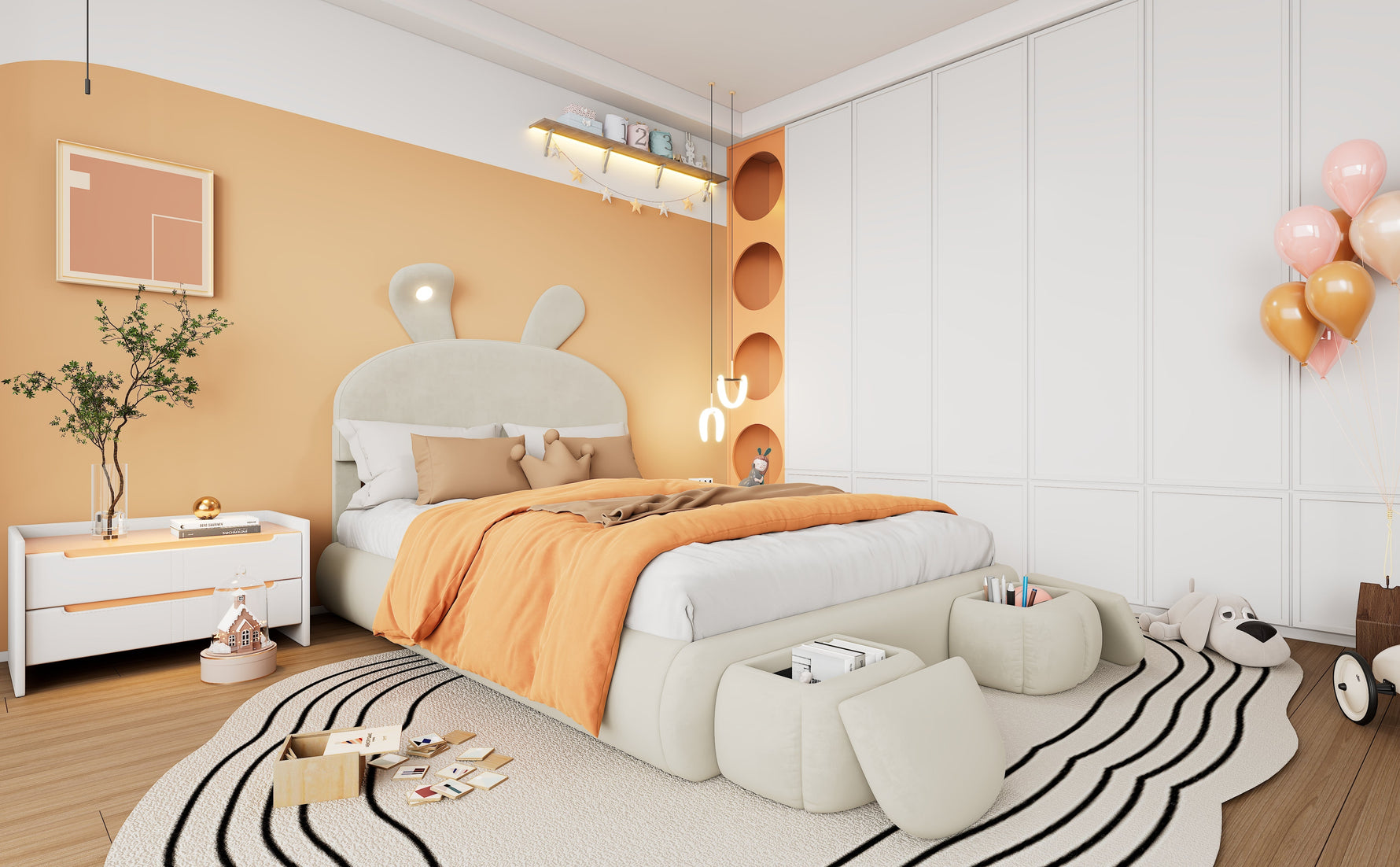 Upholstered Bed, Hydraulic with Rabbit Ears & Storage, Velvet Beige