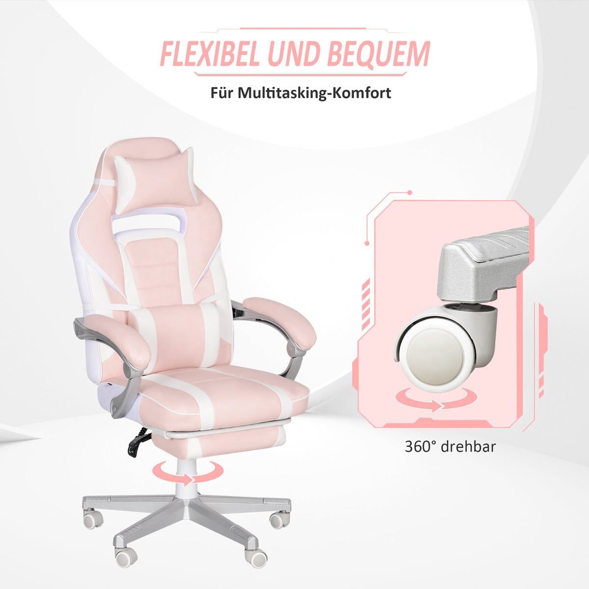 Gaming Chair, Height-Adjustable Swivel with Footrest, Pink Faux Leather