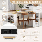 Kitchen Island with Wheels, Extendable Folding Tabletop, Power Strips & Hooks - White
