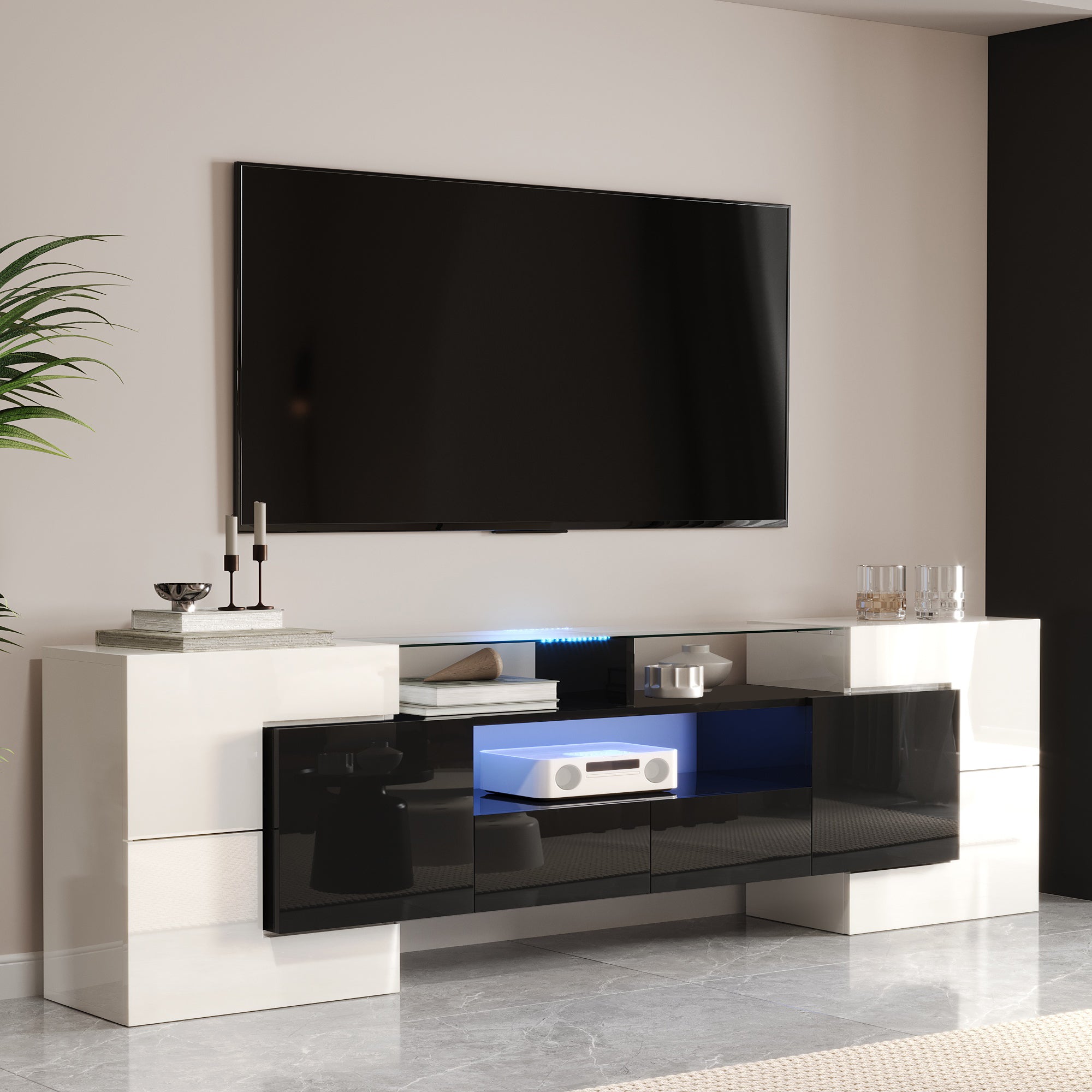 TV Cabinet Low Panel 200cm LED Lighting Modern Design High-Gloss White and Black