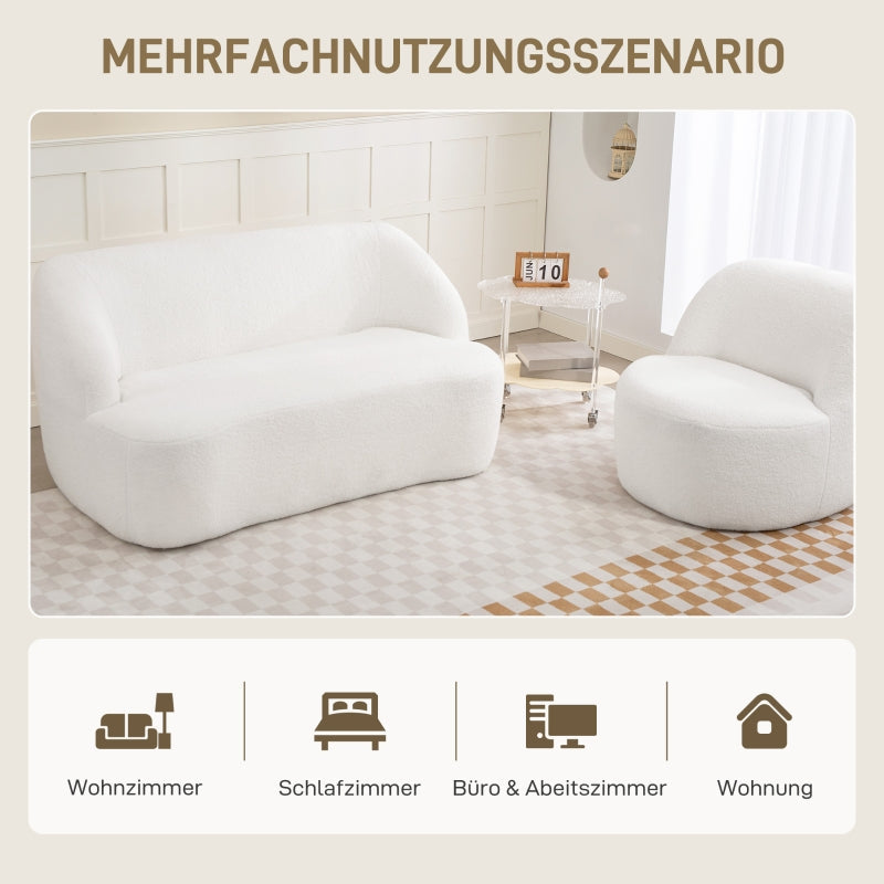 2-Seater Sofa, Curved Design Upholstered with Fleece Cover, Cream White
