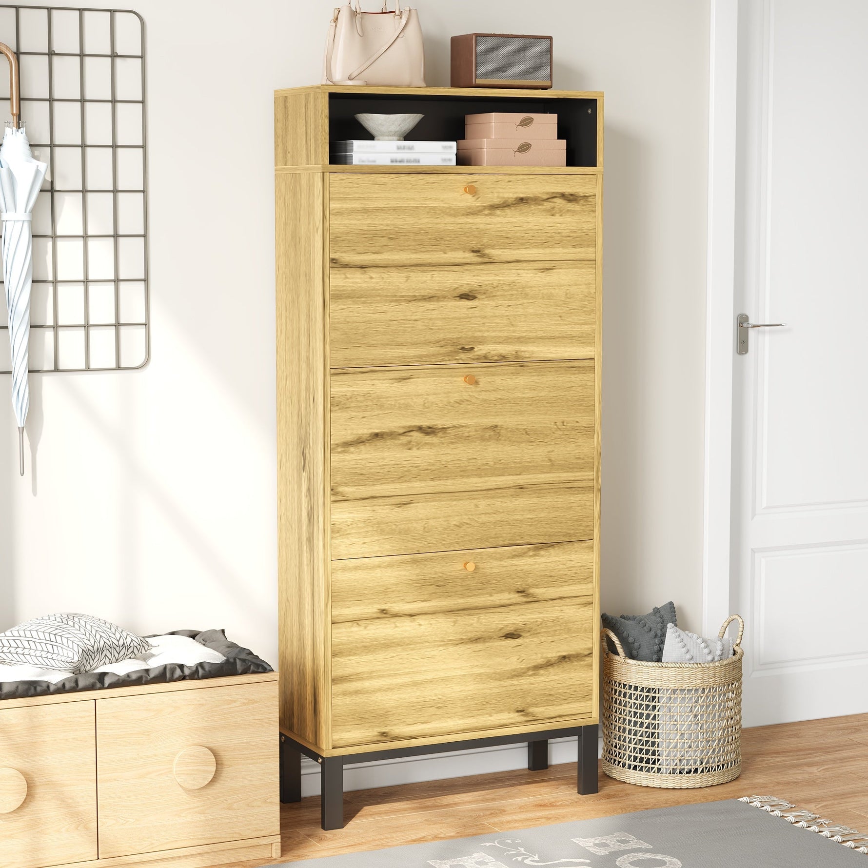 Shoe Cabinet with 3 Drawers and Additional Compartments, Tall and Narrow, Natural Wood Look