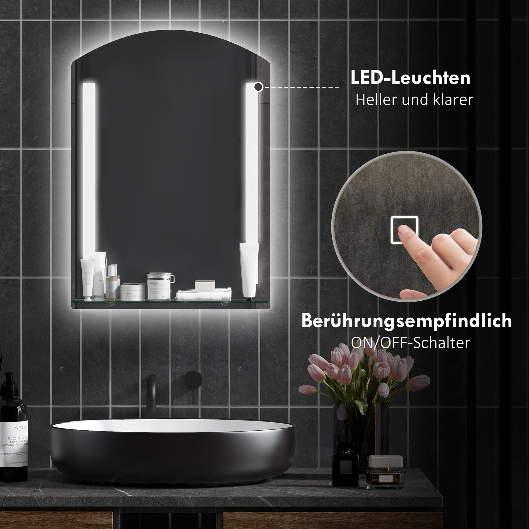 Kleankin Bathroom Mirror, LED, Touch Switch, Aluminum