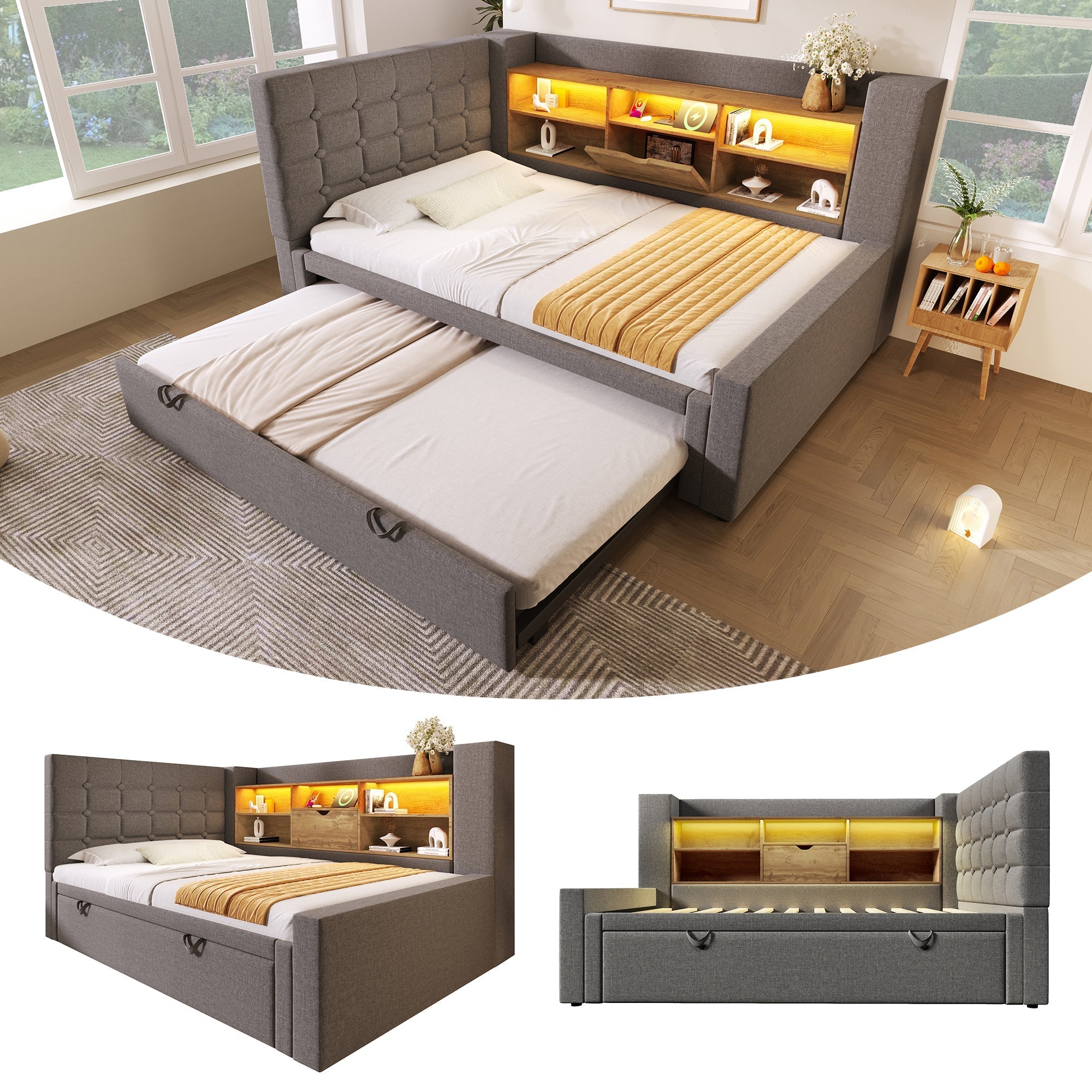 Upholstered Bed with Pull-Out Bed and LED Storage Headboard, Grey Linen