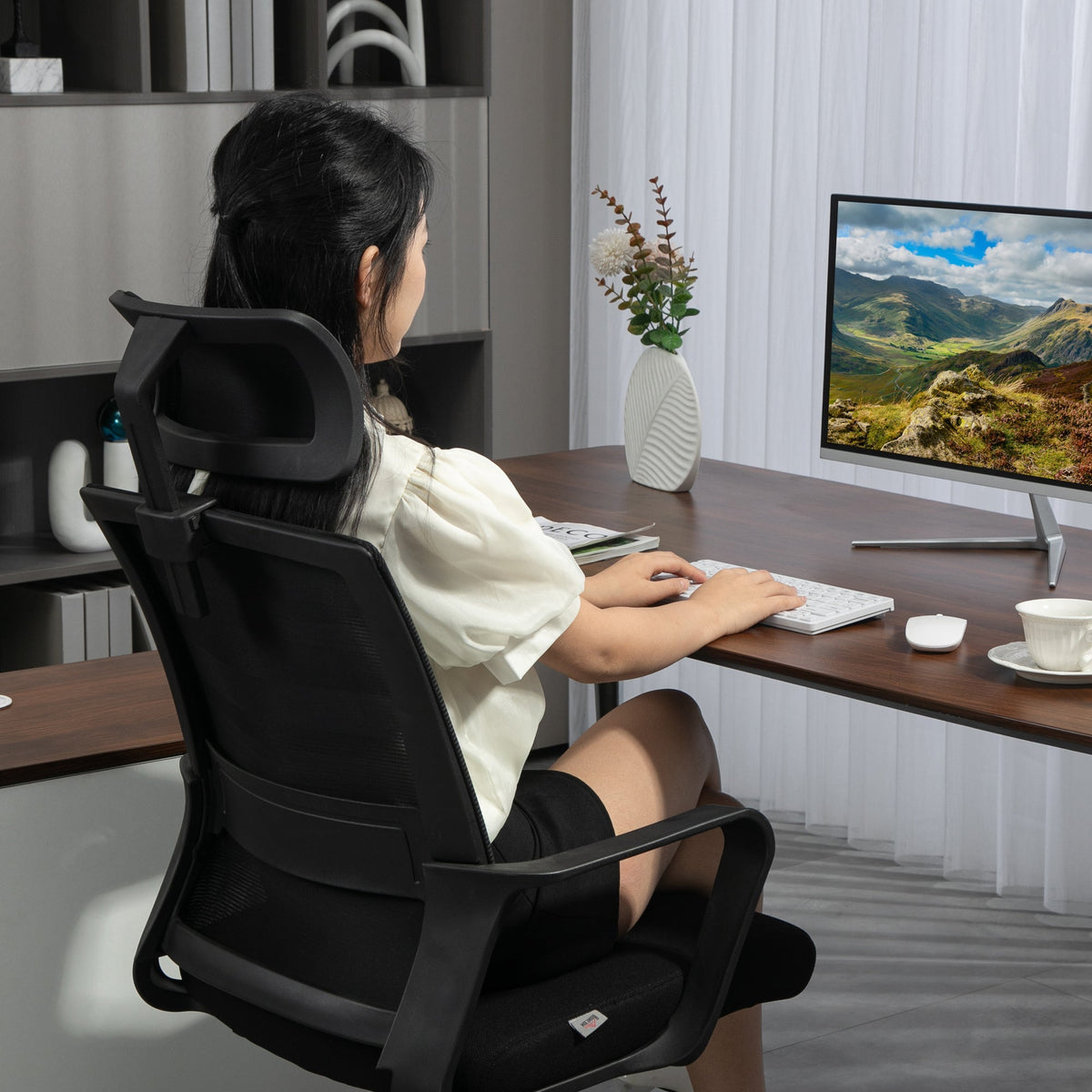 Ergonomic Office Chair Armrests Adjustable Headrest Mesh Swivel Rocking Black