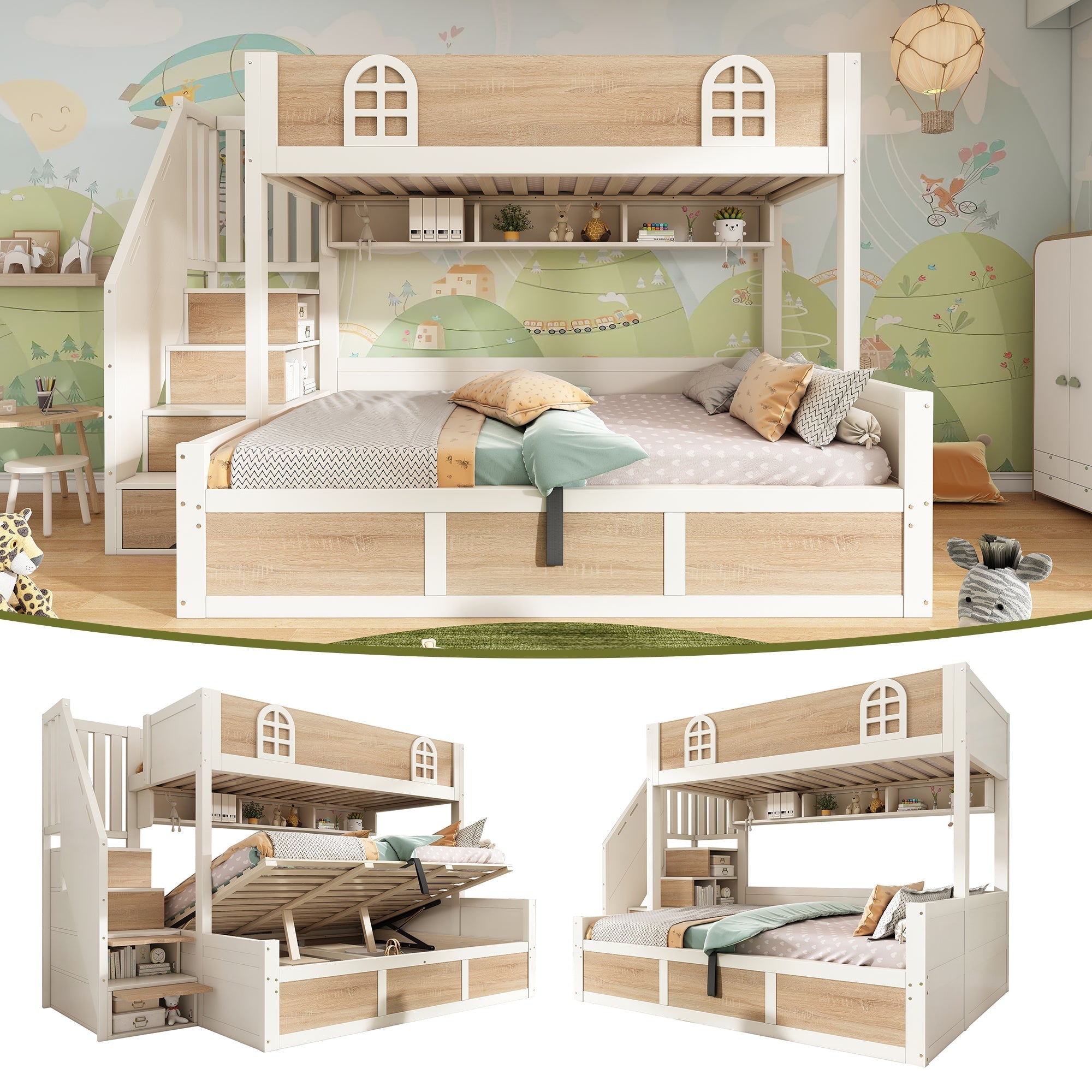 Children's Bunk Bed with Hydraulic Storage and Staircase Wardrobe, 90x200 and 140x200 cm, White and Natural Wood