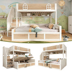 Children's Bunk Bed with Hydraulic Storage and Staircase Wardrobe, 90x200 and 140x200 cm, White and Natural Wood