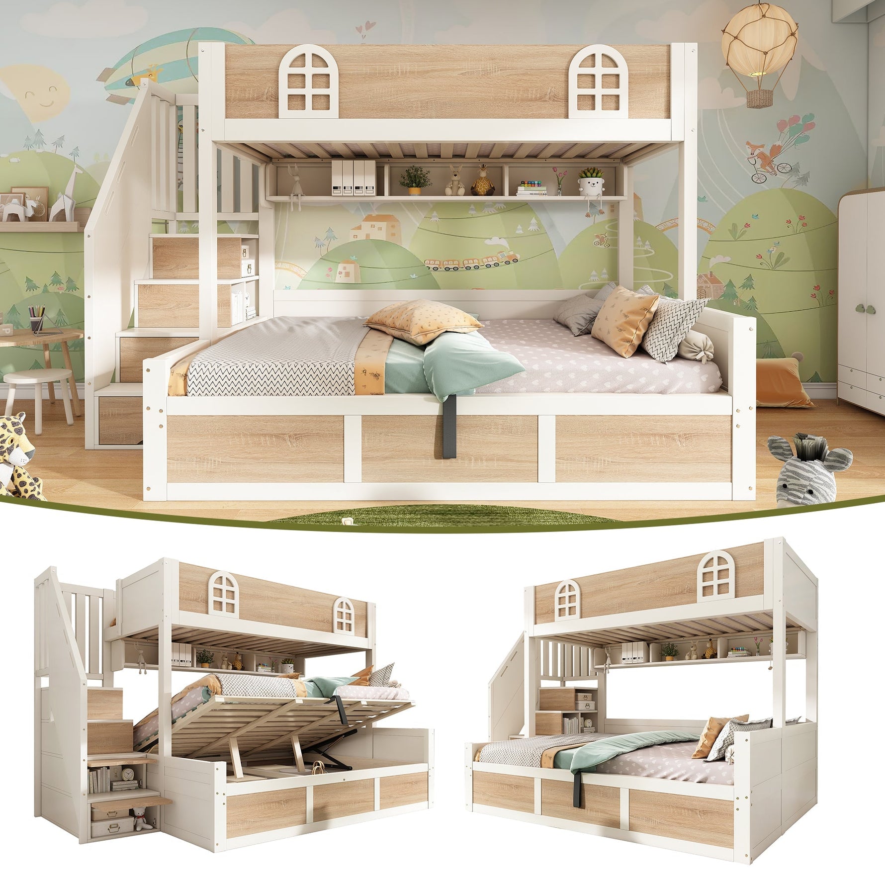 Children's Bunk Bed with Hydraulic Storage and Staircase Wardrobe, 90x200 and 140x200 cm, White and Natural Wood