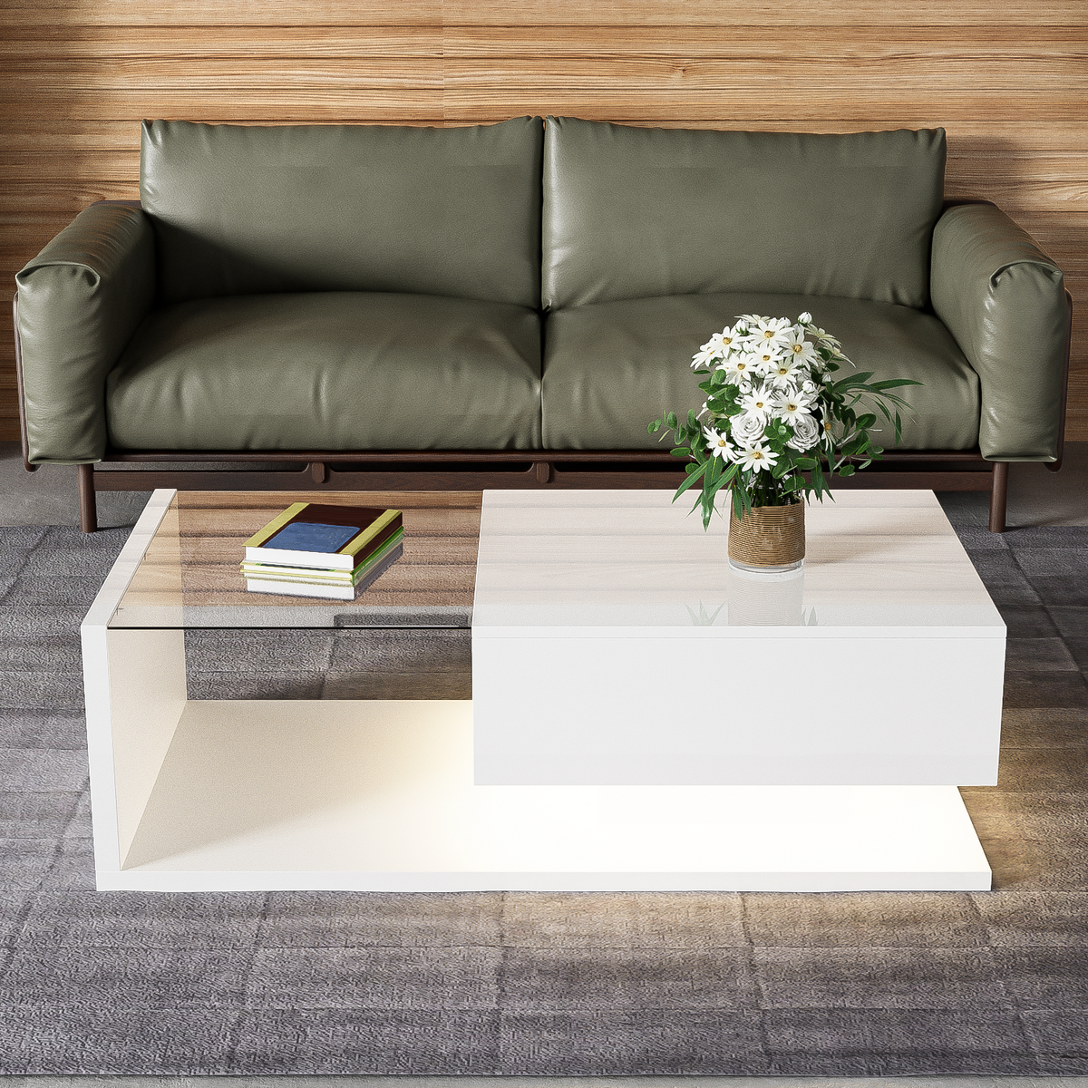 Coffee table, high-gloss white
 Side table, coffee table, with glass and LED effect