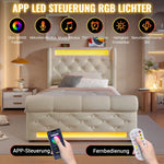Upholstered Single Bed 90x200cm LED Headboard USB Type-C Hydraulic Storage, Beige Velvet