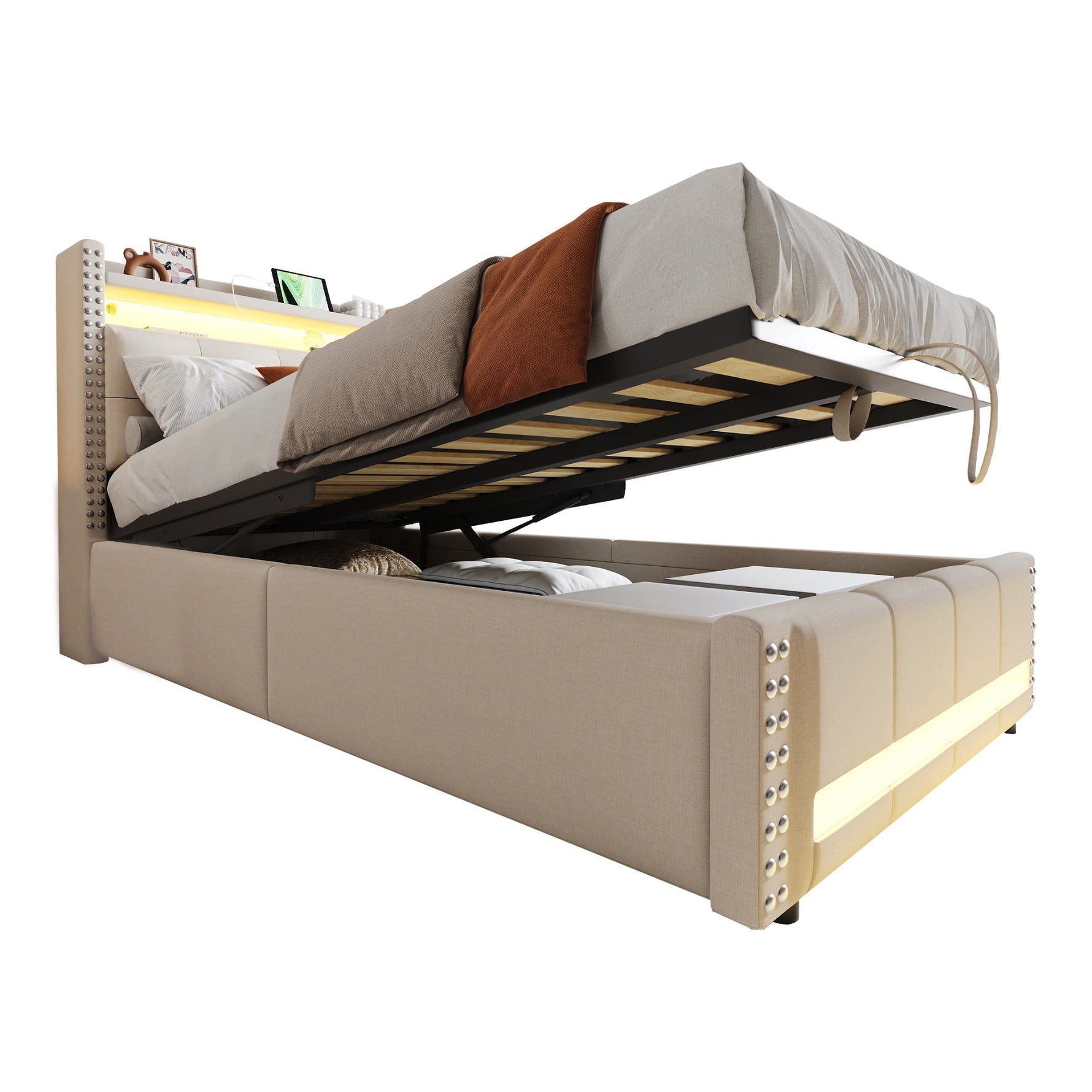 Upholstered Children's Bed with LED, USB, Storage, 90x200cm, Linen Fabric Beige