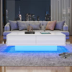 Coffee Table, Modern High-Gloss with 2 Drawers, LED Lighting, White