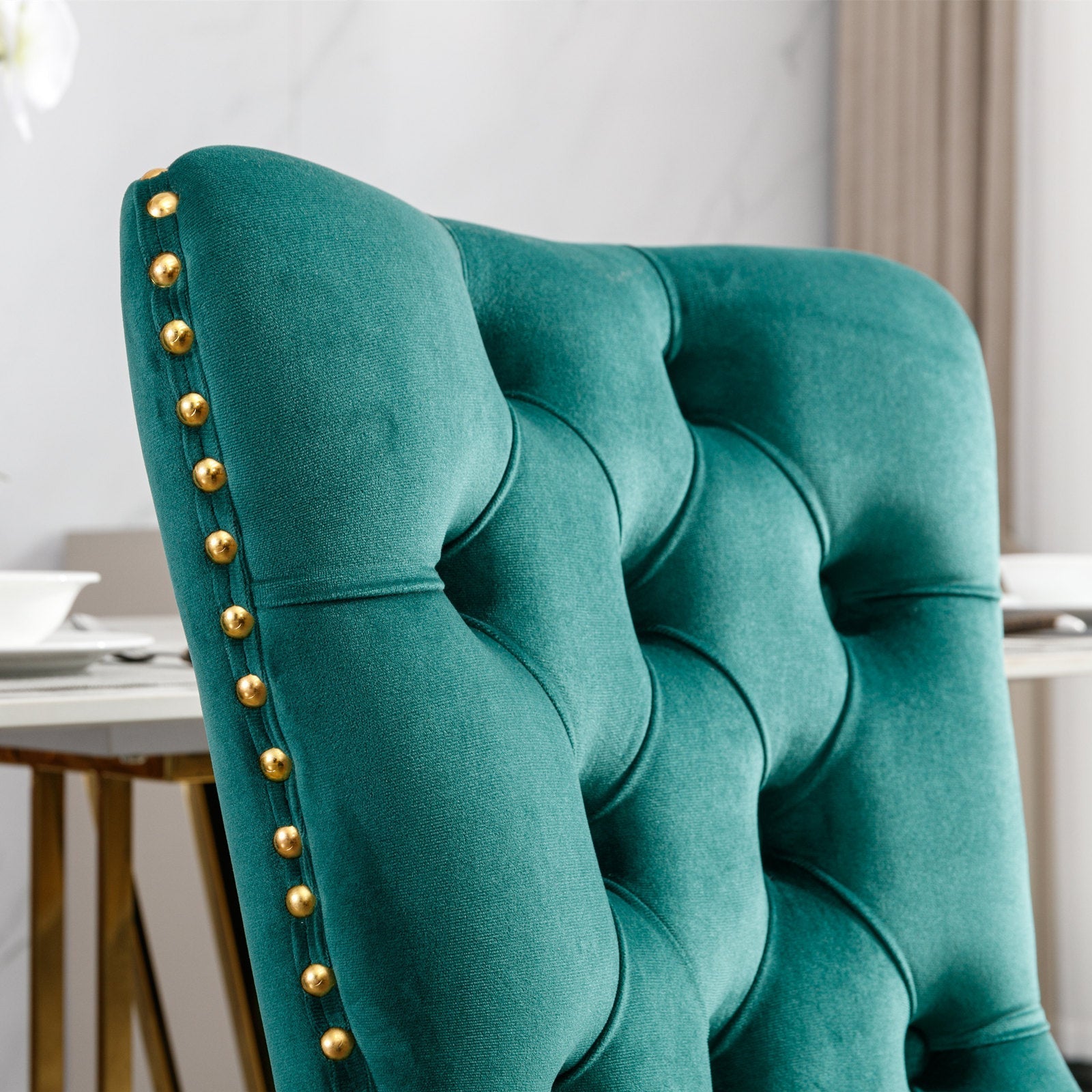 Velvet Dining Chair Tufted Solid Wood Golden Legs Set of 2 - Green