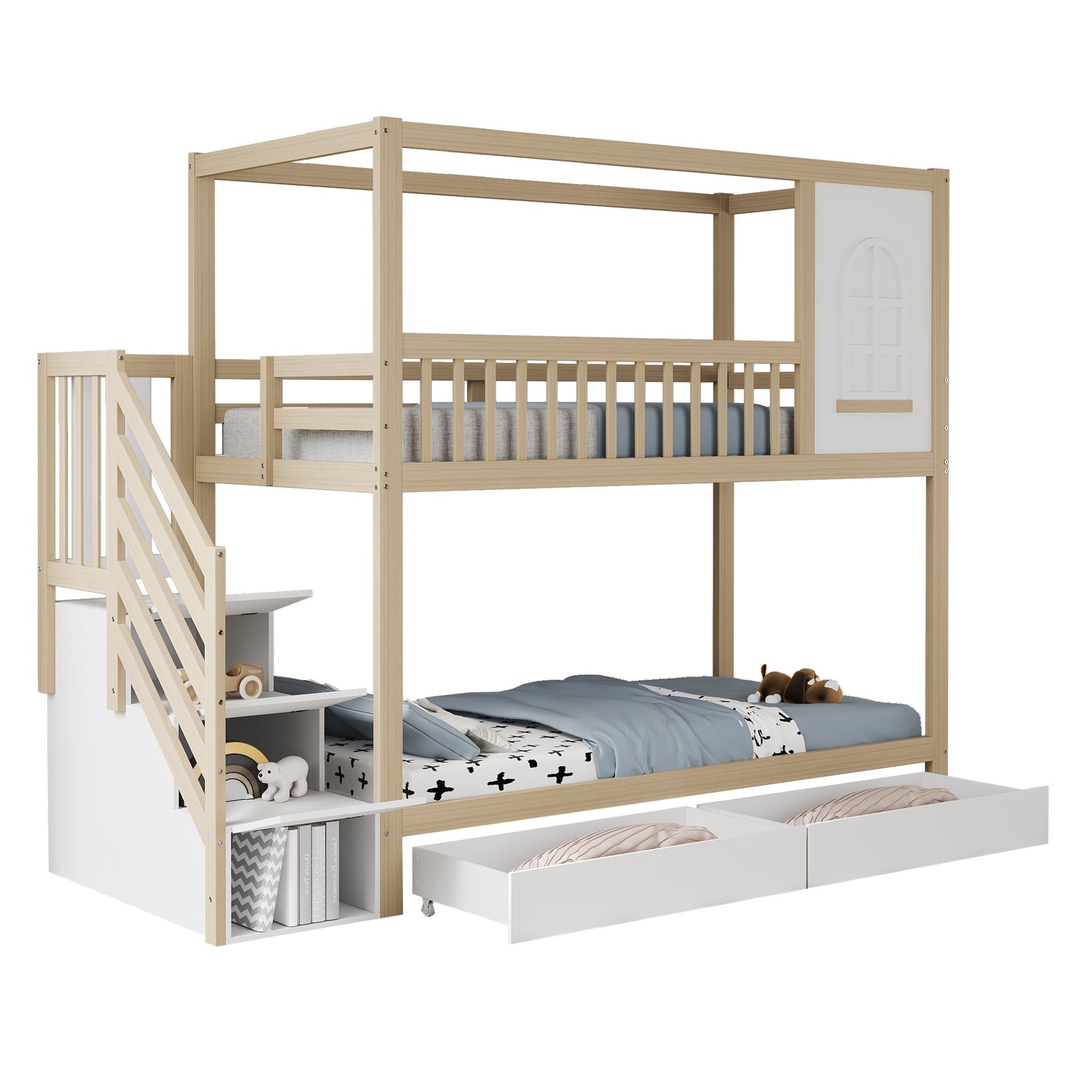 Bunk Bed, 90x200cm House Shape with Drawers & Ladder, Solid Wood, Wood Color