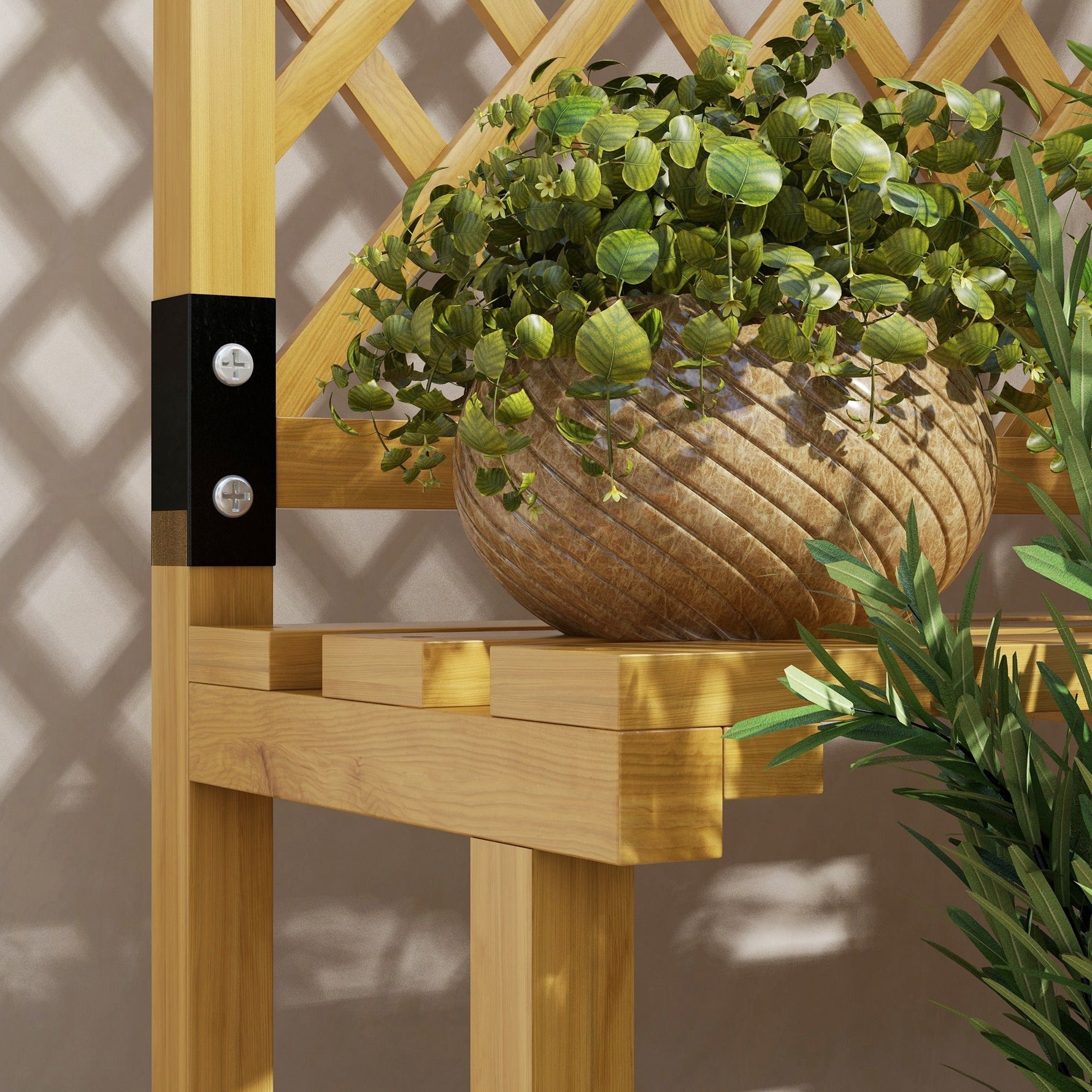 Wooden Plant Stand, 2 Levels, Trellis, Fir Wood