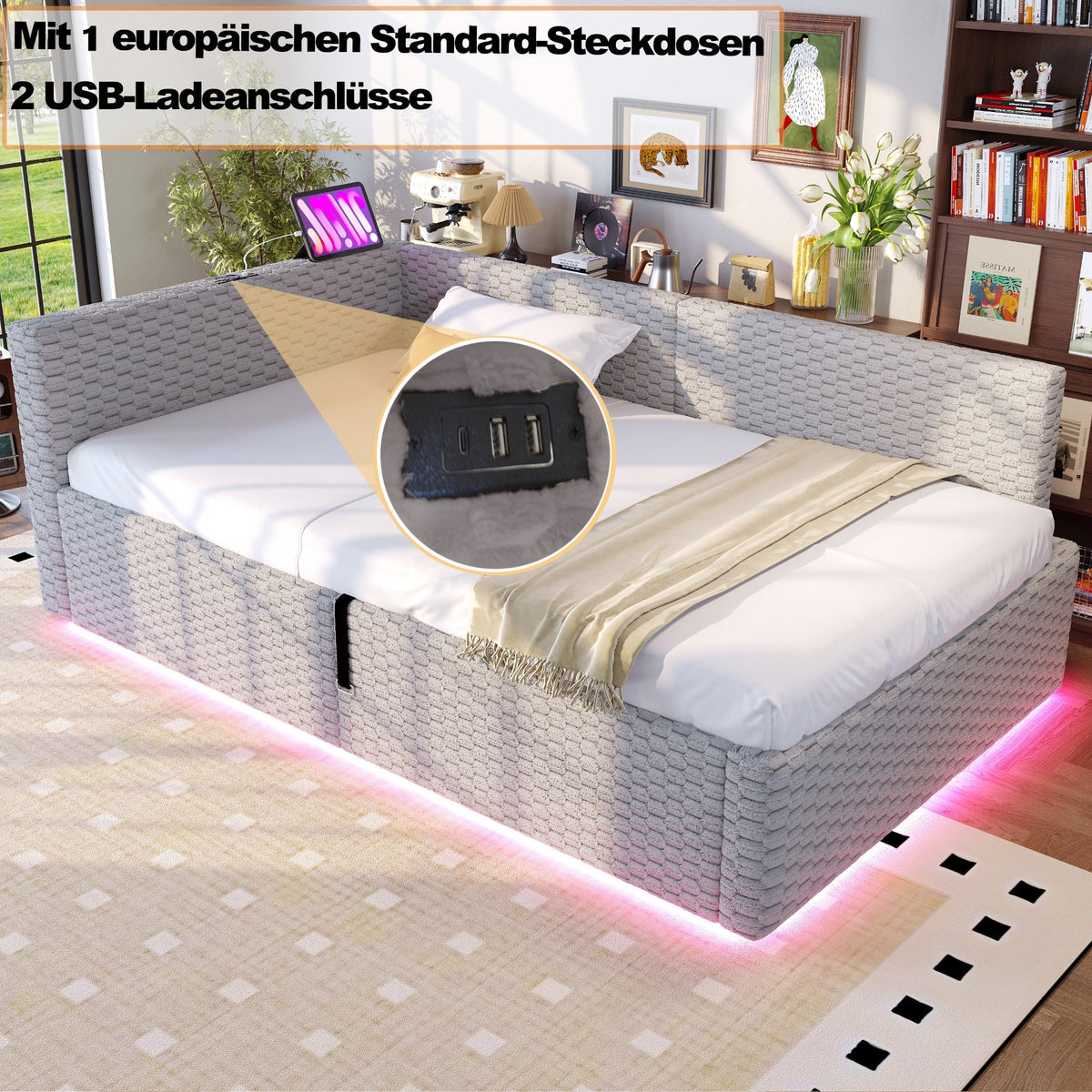 Upholstered Bed with LED, USB, Type-C and Hydraulic Storage, 90x200cm, Grey Velvet