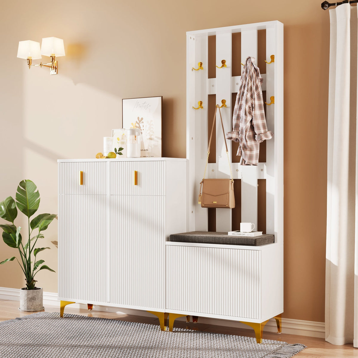 Wardrobe Set with Shoe Bench, Cushions, Hooks, Drawers, and Doors, White