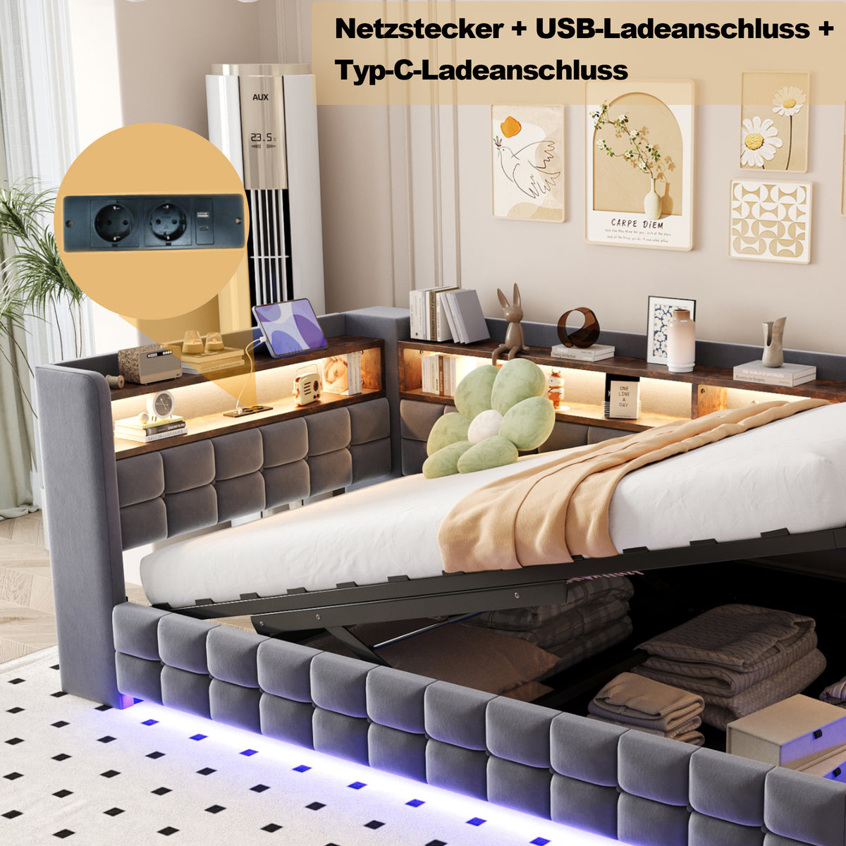 Upholstered Bed Set 180x200cm with Storage & Tables, Beige Velvet