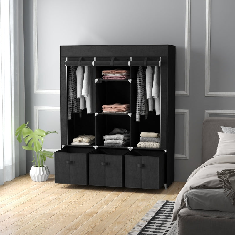Fabric Wardrobe, Folding, 3 Drawers, Black