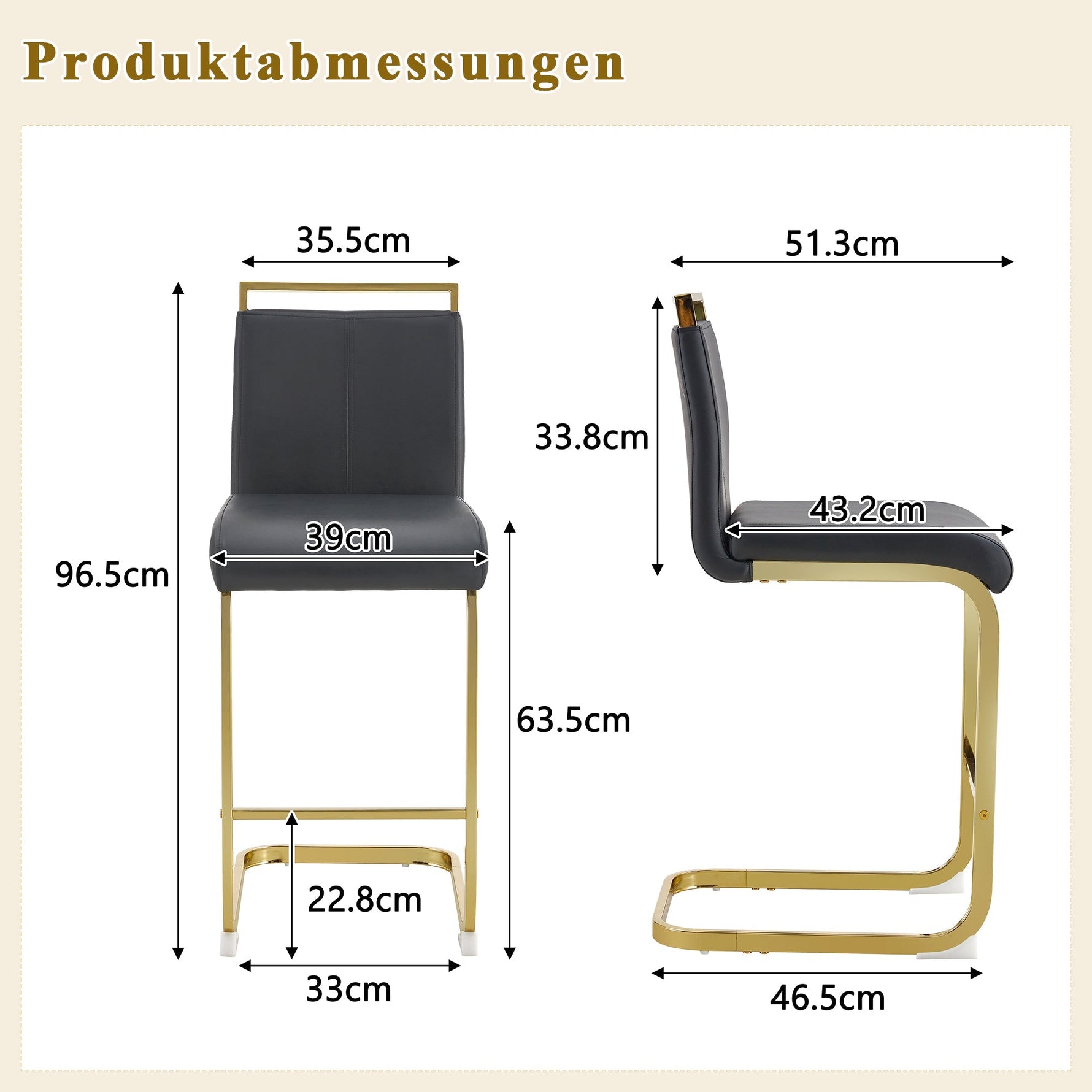 Bar Stools Set of 2 Nordic Style Gold Metal Legs - Black Faux Leather