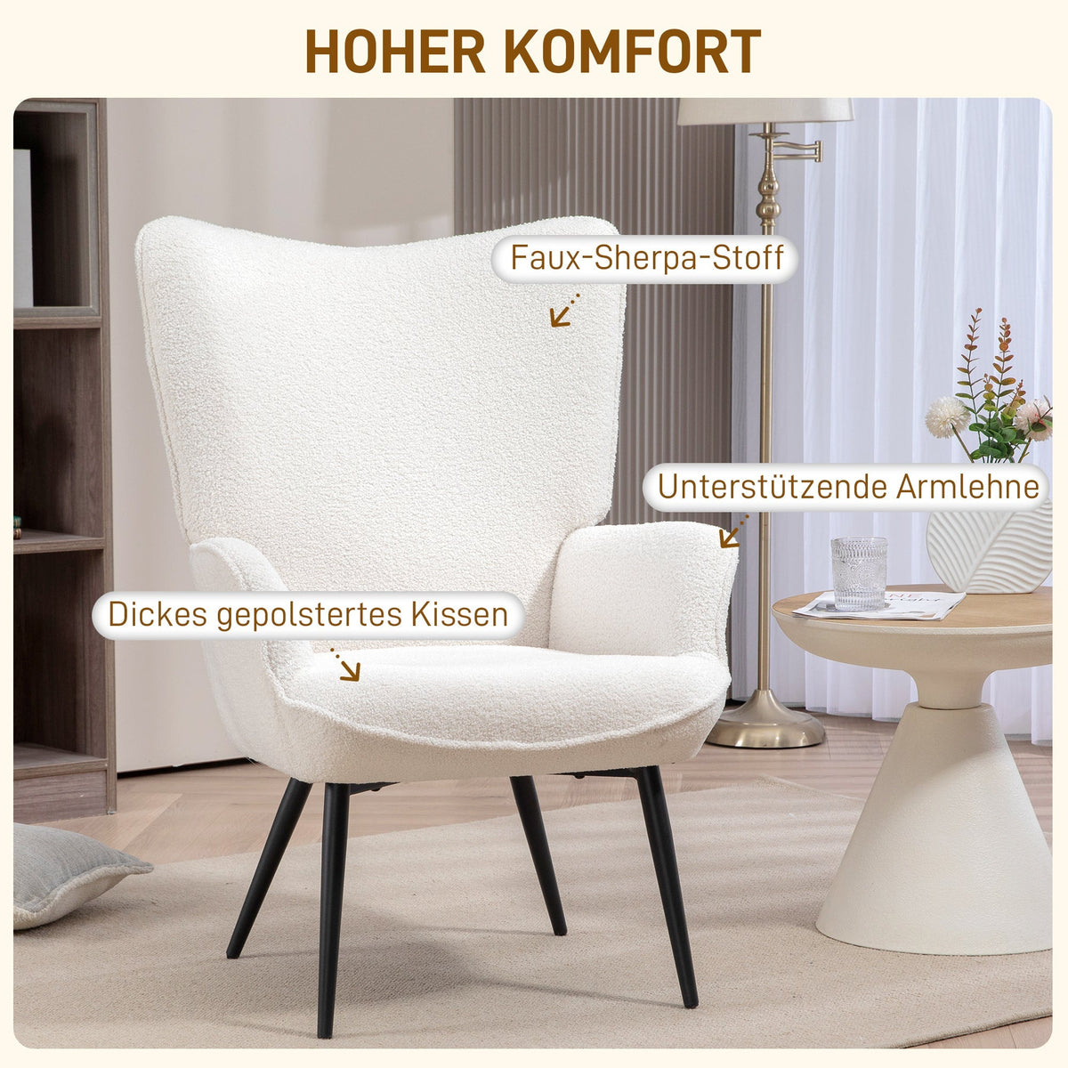 Wingback Chair, Recliner with Armrests and Metal Legs, Cream White