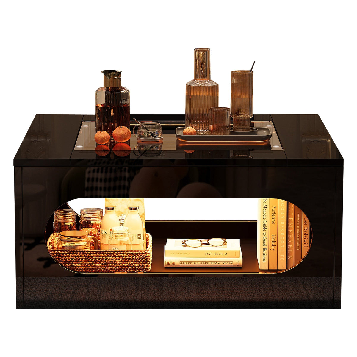 Coffee Table 70x70x35cm Square Hollowed-Out Tempered Glass LED High-Gloss Black MDF