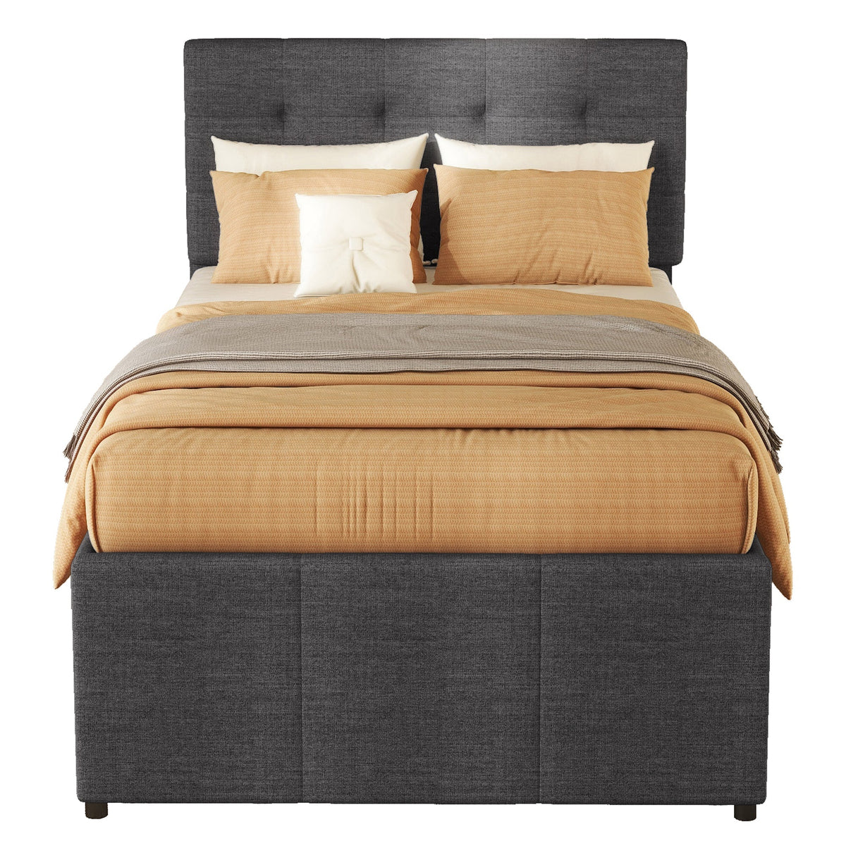 Upholstered Bed 90x200cm Pull-out Trundle 3 Drawers Adjustable Headboard - Grey