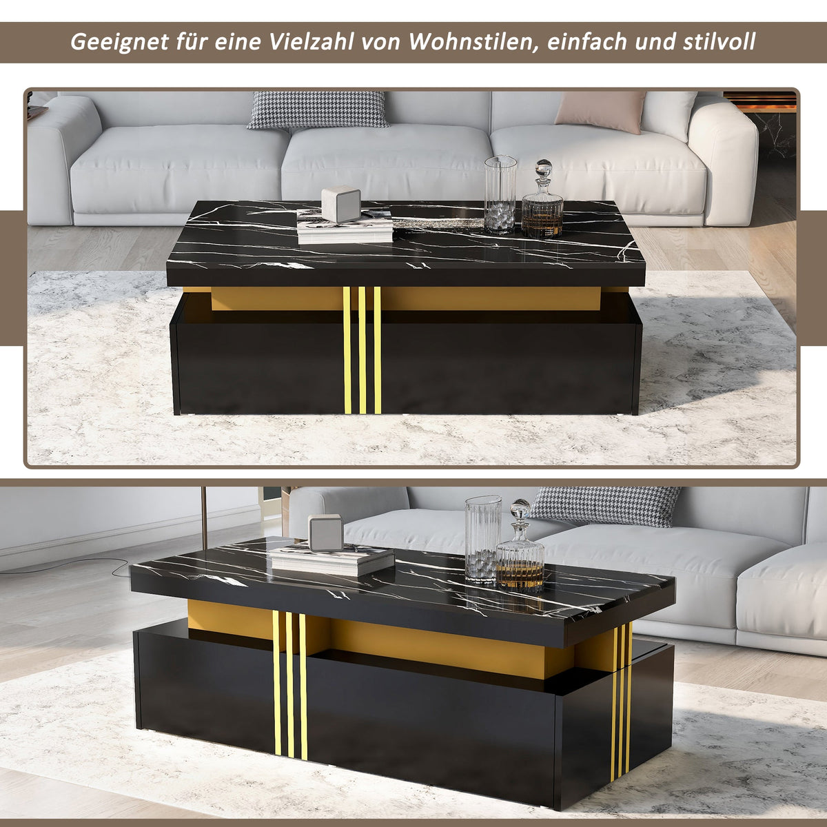 Modern Rectangular Coffee Table with 2 Drawers, High-Gloss and Marble