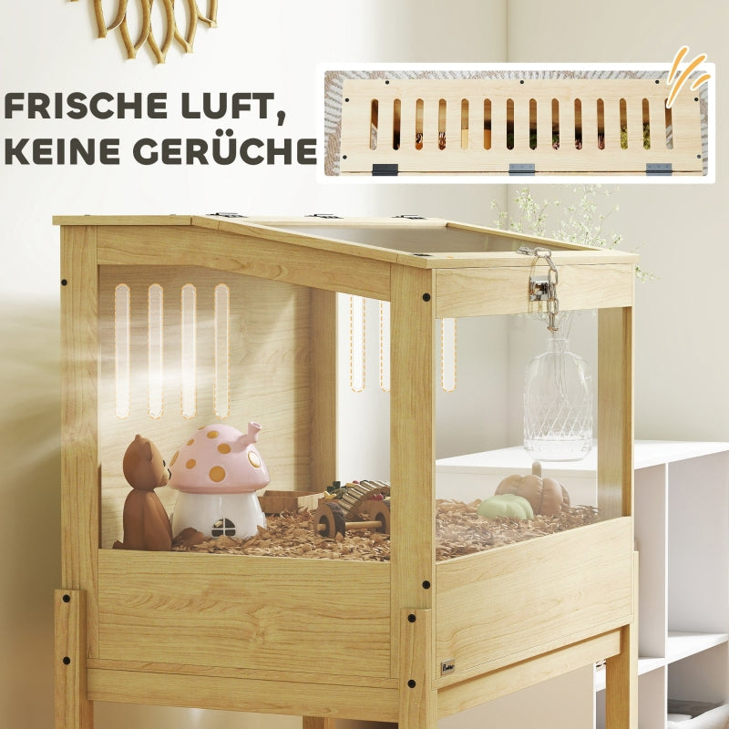 Hamster Cage 2 Tier Rodent Cage, Folding Lid, Natural Wood
